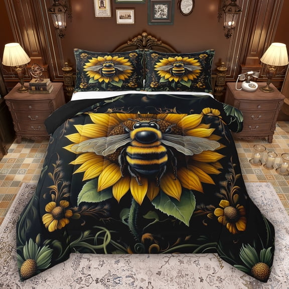 Feelyou 3D Rustic Bee Full Size Comforter Sets, Sunflower Plant Bedding Sets, 3pcs