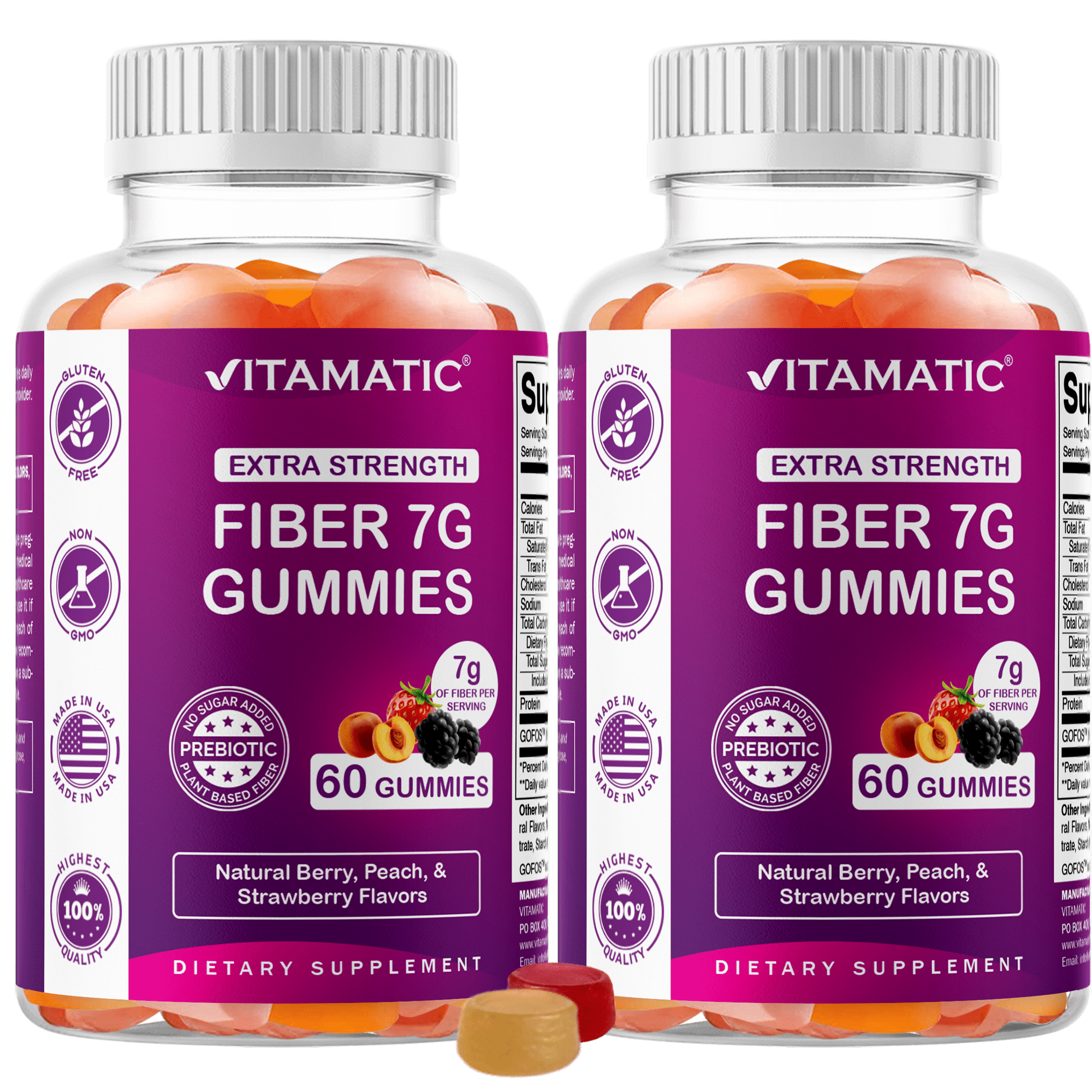 Vitamatic | 2 Pack Prebiotic Fiber Gummies for Adults - 7G Fiber Extra Strength - Zero Sugar Added - 60 Pectin Based Gummies - Digestive Health & Regularity Support