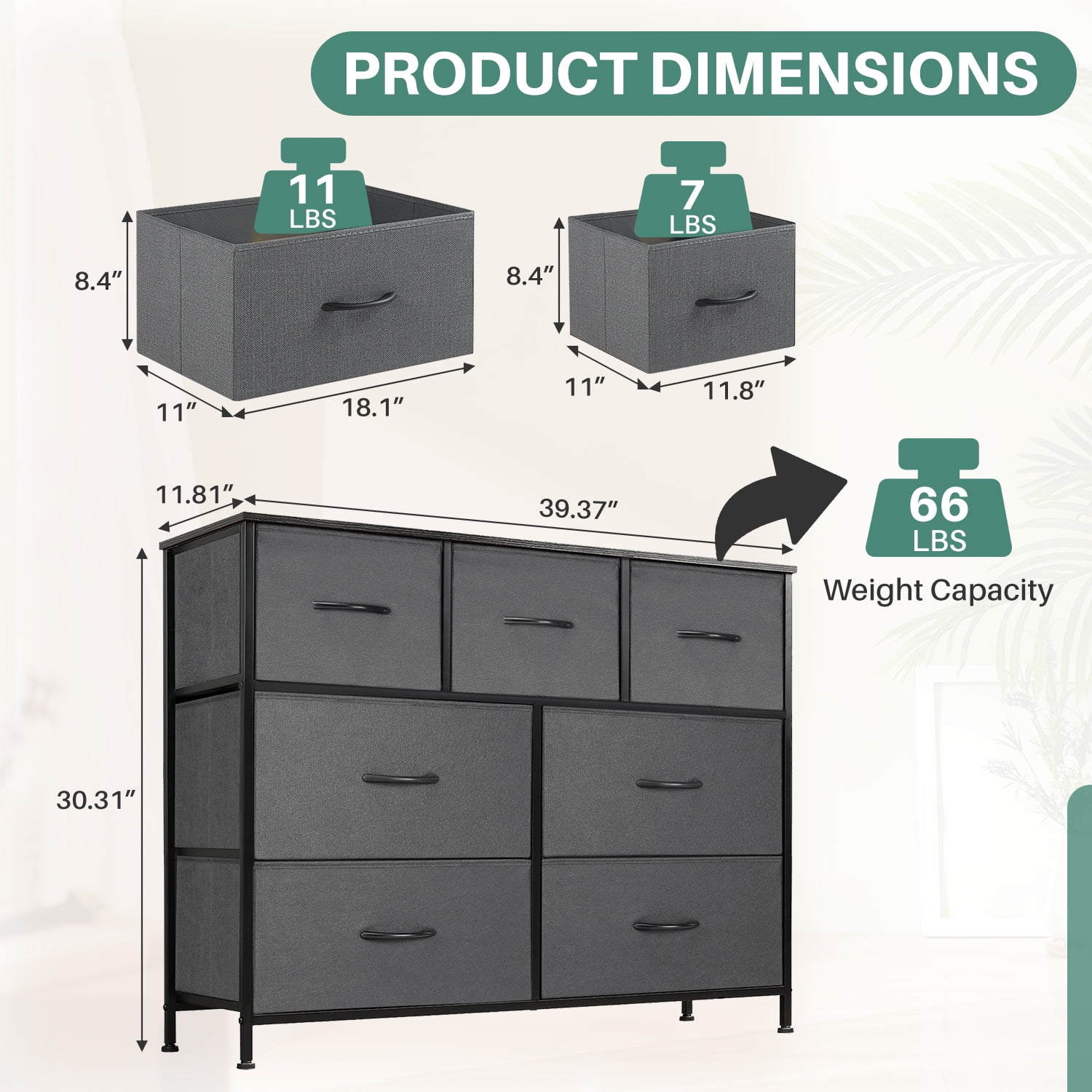TINKLE WELL Wide 7 Drawer Fabric Dresser, Soft Storage Unit with Bins for Clothes, Toys, Linens, Fits Bedroom, Living Room, Hallway, Grey