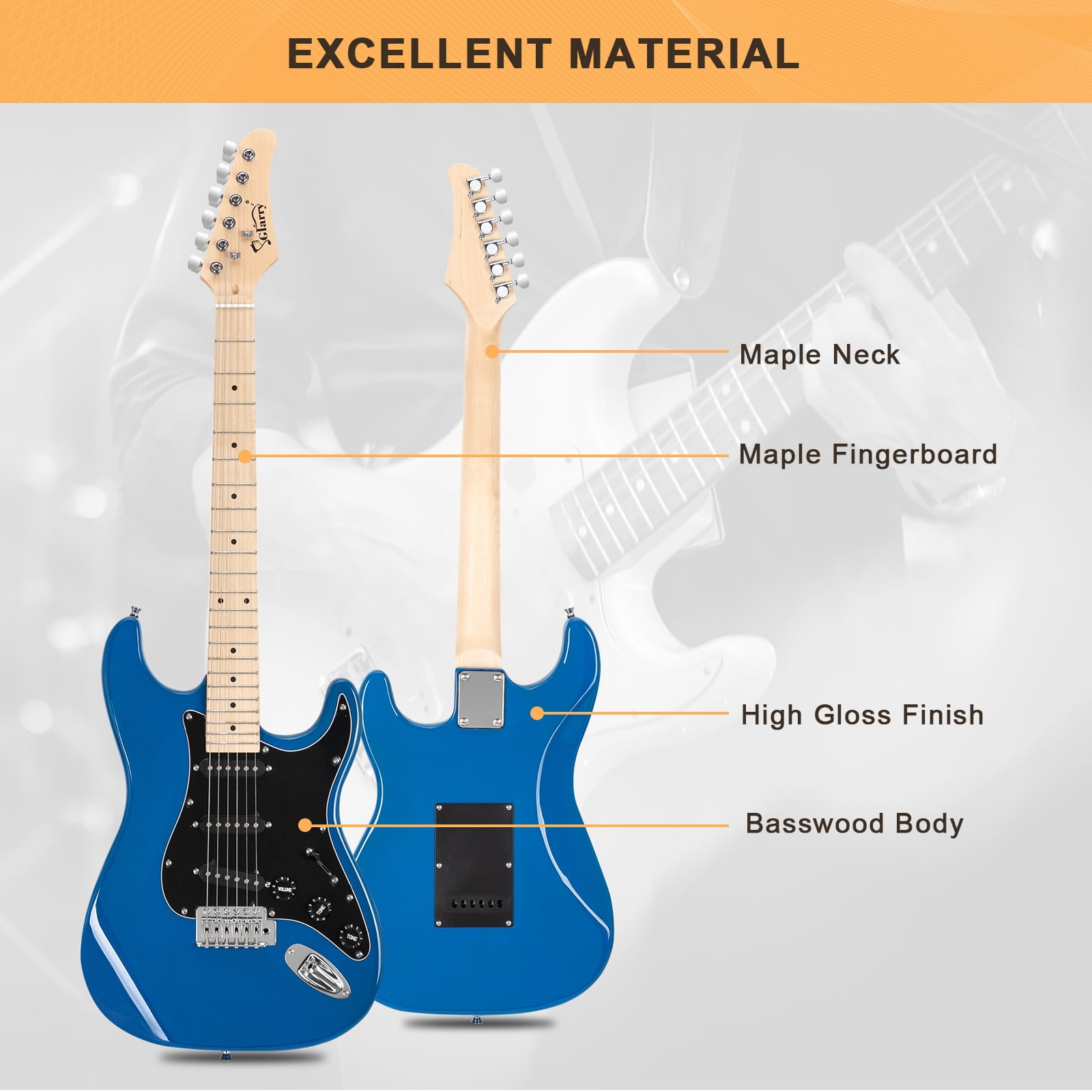 GLARRY Full Size Maple Electric Guitar with Amp and Case Beginner Blue