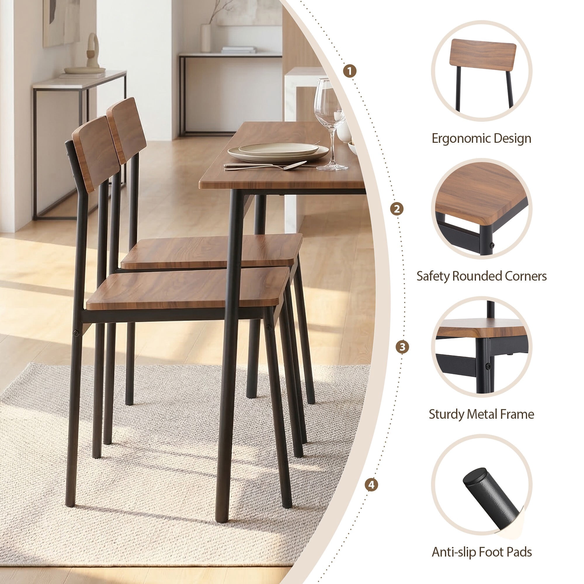 AENKYO 5-Piece Dining Table Set for 4, Walnut Wood Top Kitchen Table with 4 Chairs, Space Saving for Small Spaces