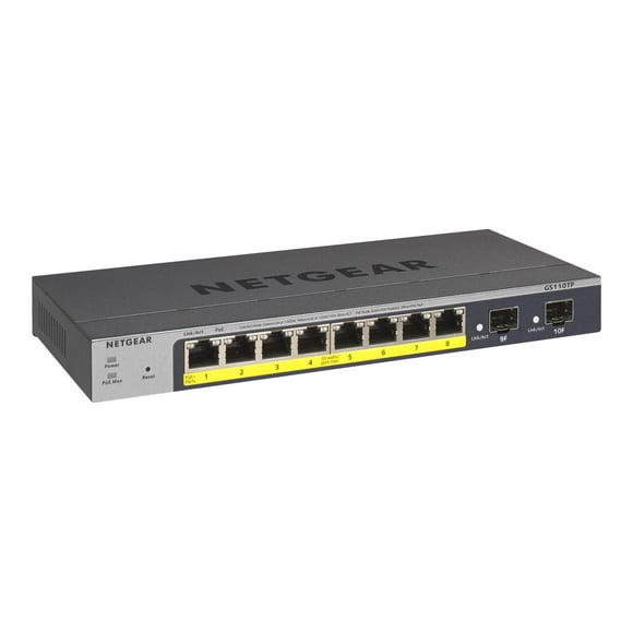NETGEAR Smart GS110TPv3 - Switch - smart - 8 x 10/100/1000 (PoE) + 2 x SFP - desktop, wall-mountable - PoE+ (55 W) - DC power