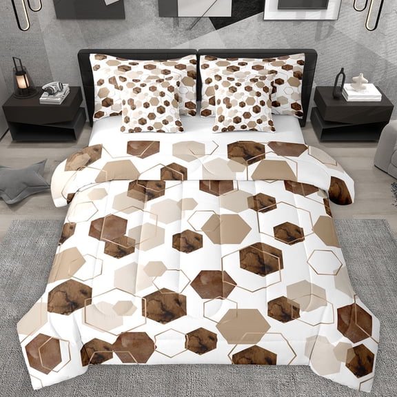 Manfei Adult Chic Honeycomb Bedding Comforter Set 7 Pieces, Brown Art Watercolor Full Bedding Set, Fashion Abstract Ombre Fitted Sheet Flat Sheet, Breathable Home Decor