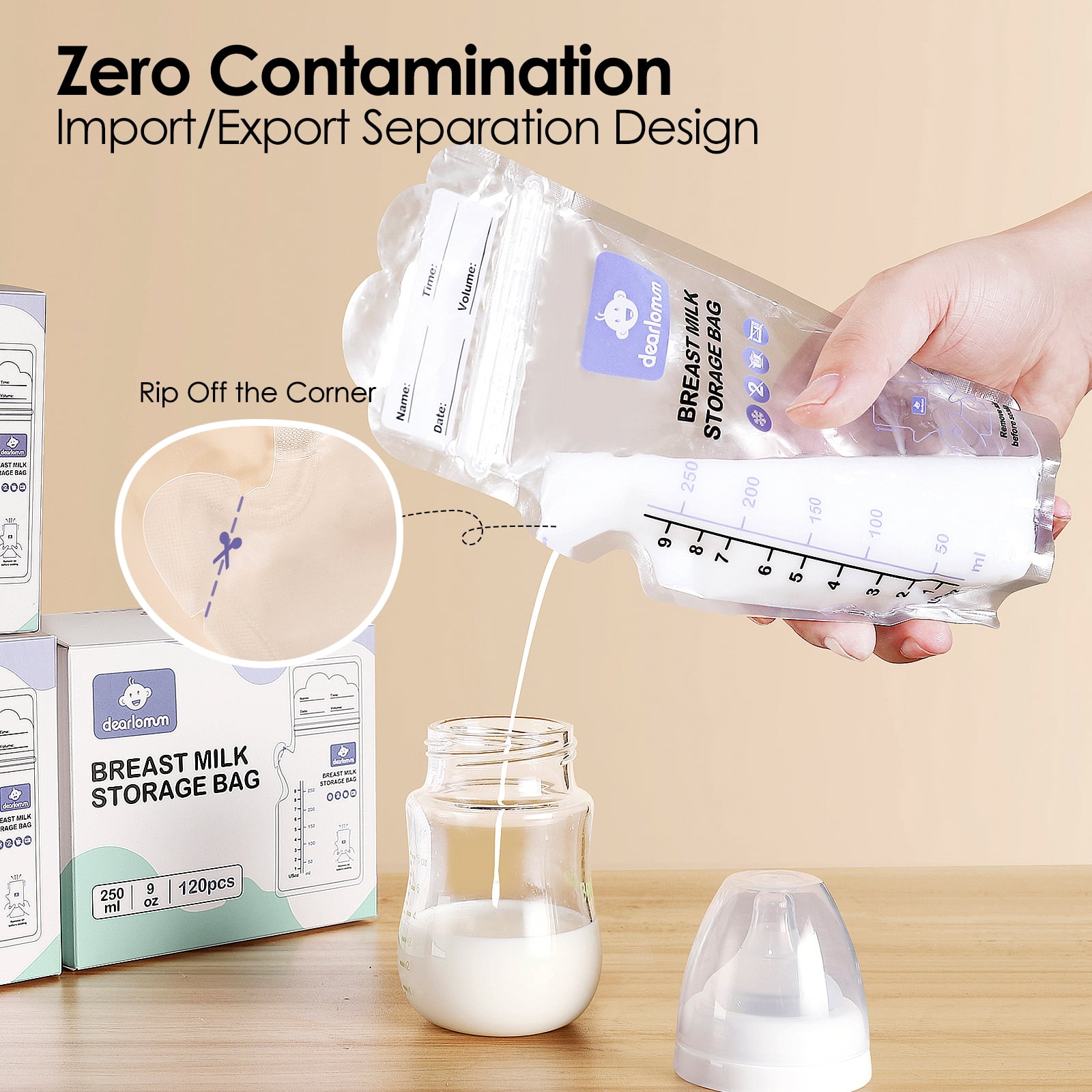 Dearlomum BPA-Free Breastmilk Storage Bags - 120 Pcs, 9 Ounce, Self-Standing with Pour Spout, Space-Saving Flat Profile, Ideal for Convenient Breastfeeding and Milk Storage, Refrigeration & Freezing