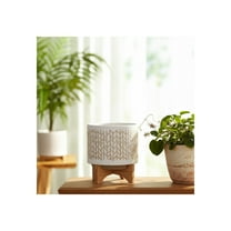 Ceramic Plant Pot with Stand - Decorative Round Planter with Bamboo Base - Boho Modern Indoor Flower Pot for Home or Office - 9" Ivory & Tan