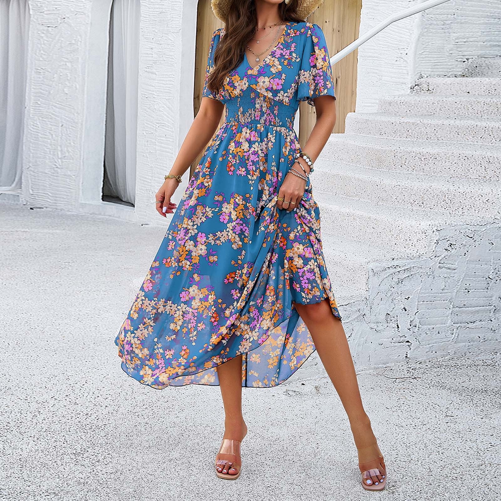 Jamsmile Womens Dress Summer Bohemian Style Floral Print Short Sleeve Dresses Casual High Waist Flowy Beach Boho Sundress