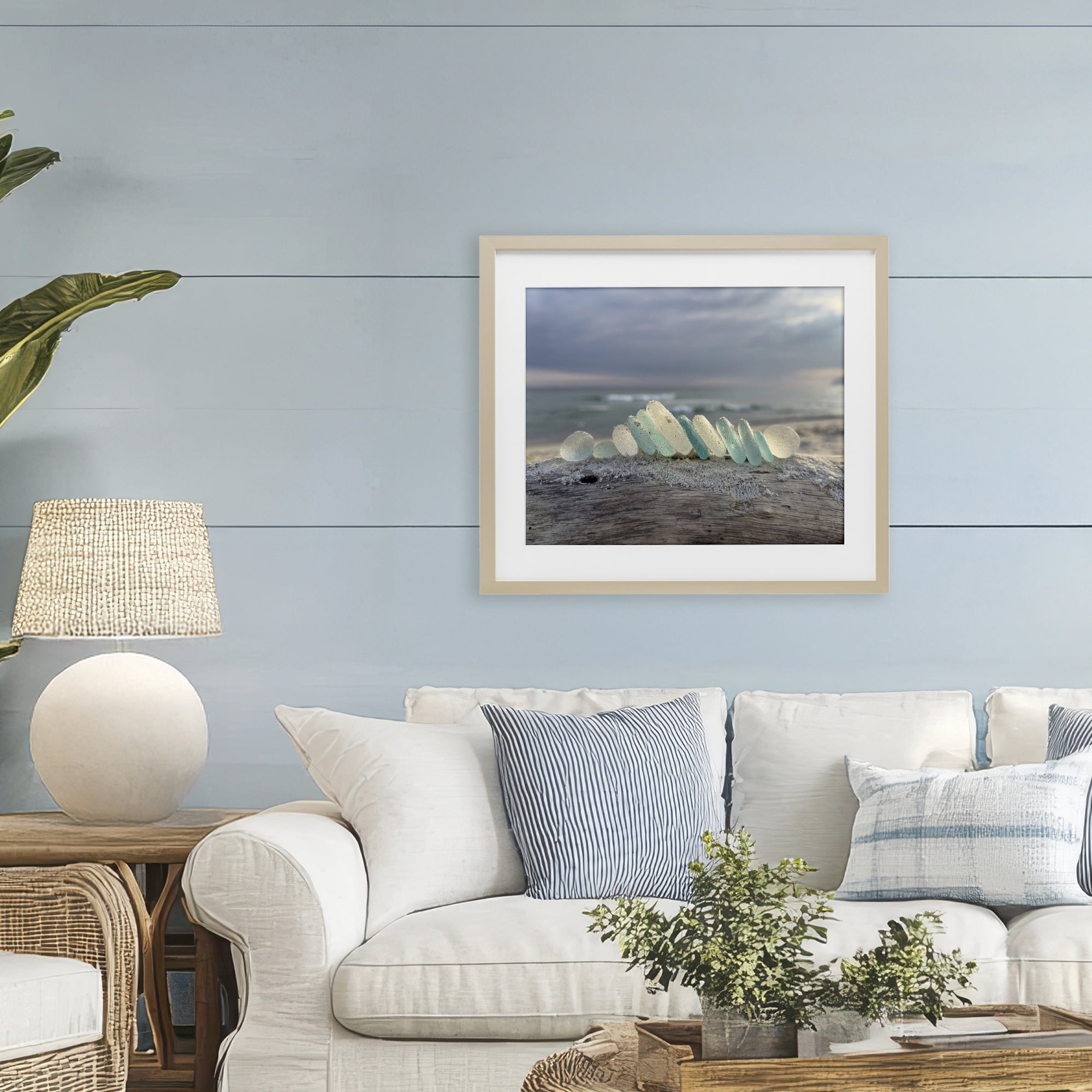 Stupell Industries Sea Glass On Driftwood Birch Framed Print Under Glass, design by LMarie Allen