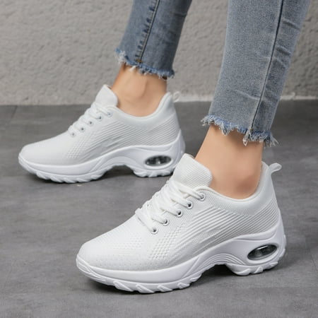 

Women‘s Casual Sneakers Knit Breathable Lightweight Low Top Lace Up Solid Air Cushion Sole Lace Up Shoes Women‘s Footwear