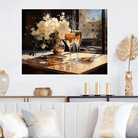 Designart "Bubbles and Bliss in Champagne Glass I" Champagne Metal Wall Art, Gold Metal Wall Decor, Traditional Metal Art Decor For Entryway - 32x24 Inch