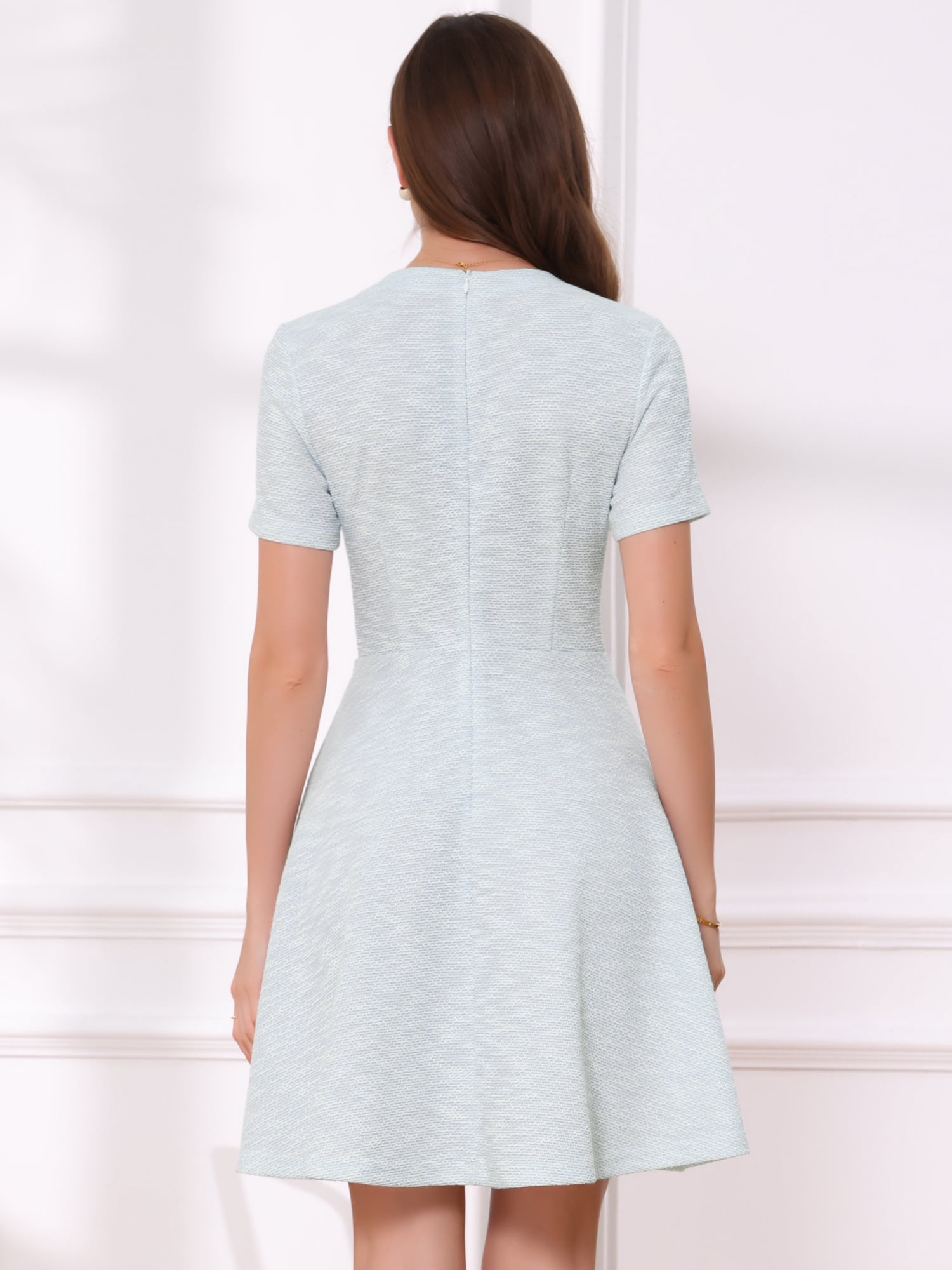 DARING DIVA Women's Plaid Tweed Button Up Round Neck Short Sleeve Dress M Light Blue