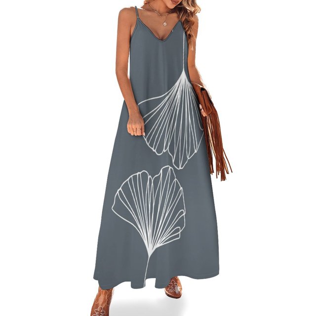 Vestido sin mangas con diseño de líneas minimalistas en gris con hojas de ginkgo, ropa de verano para mujer