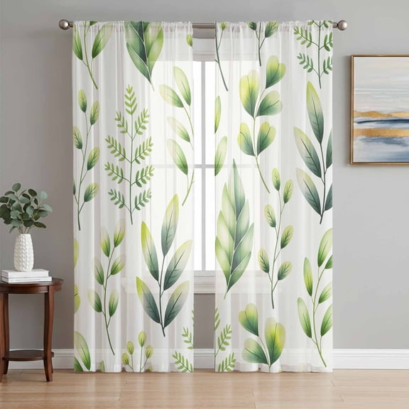 Sage Green Leaves Sheer Curtains 96 Inch Length 2 Panels Set Window Treatments, Summer Botanical Farmhouse Leaf Watercolor Rod Pocket Semi Curtains for Living Room/Bedroom/Kitchen, 104"W x 96"L