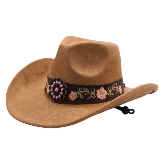 Felt Cowboy Hat Wide Brim Flower Embroidered Belt Western Sun Hats Casual Party Beach Jazz Cap for Men Women Unisex