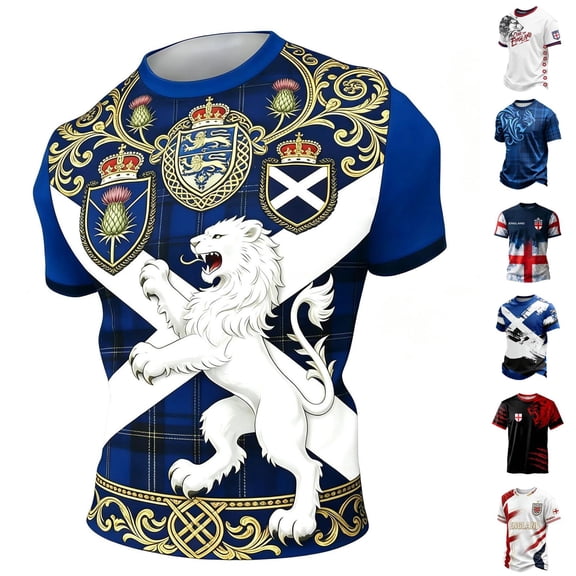 2026 Soccer Cup Crew Neck Short Sleeve T-Shirt for Men, Scottish Plaid Lion Graphic Tee - British Heritage Print Casual Summer Top for Daily Wear & Party Dark Blue L