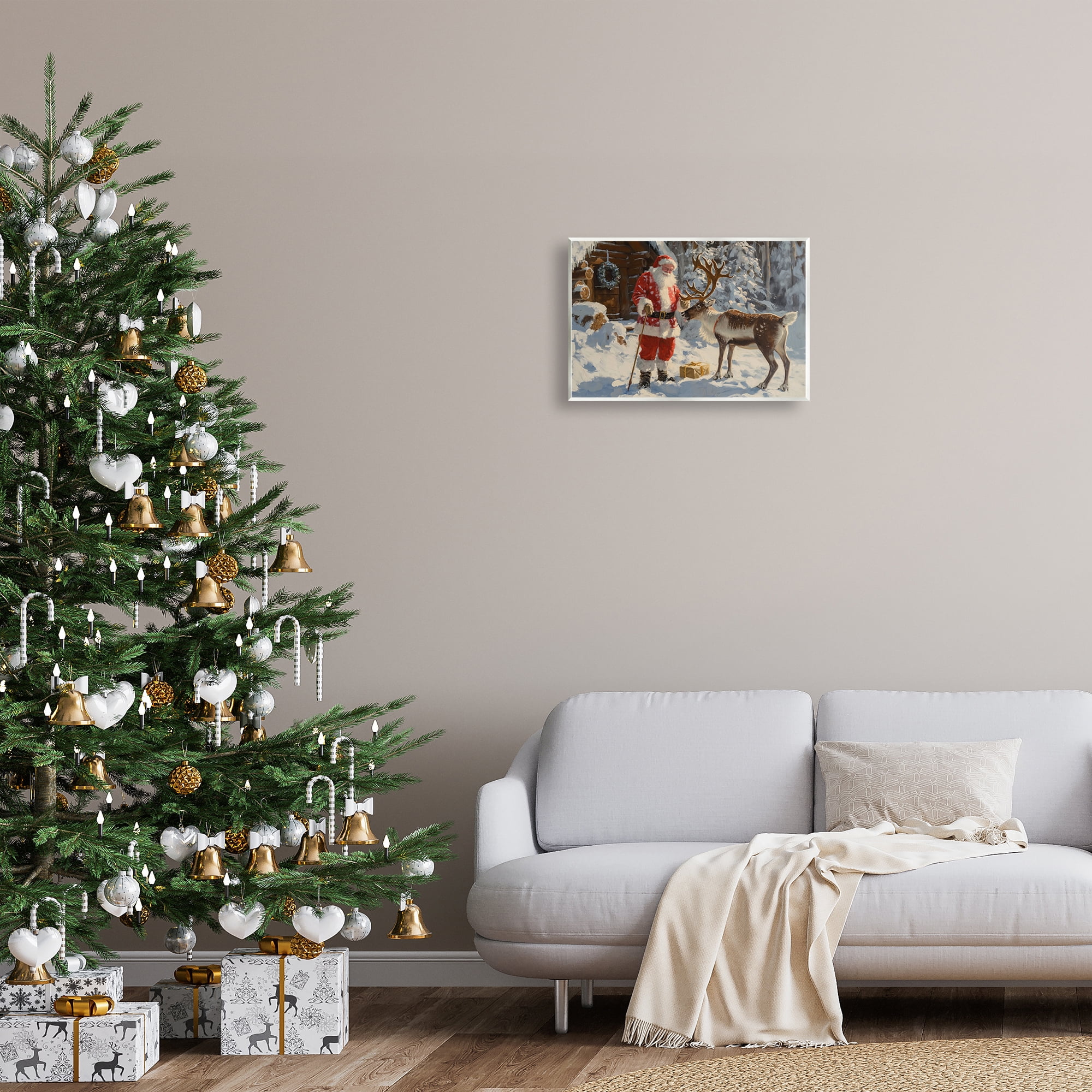 Stupell Industries Santa with Reindeer Scene Holiday Painting Unframed Art Prints Wall Art, 19 x 13