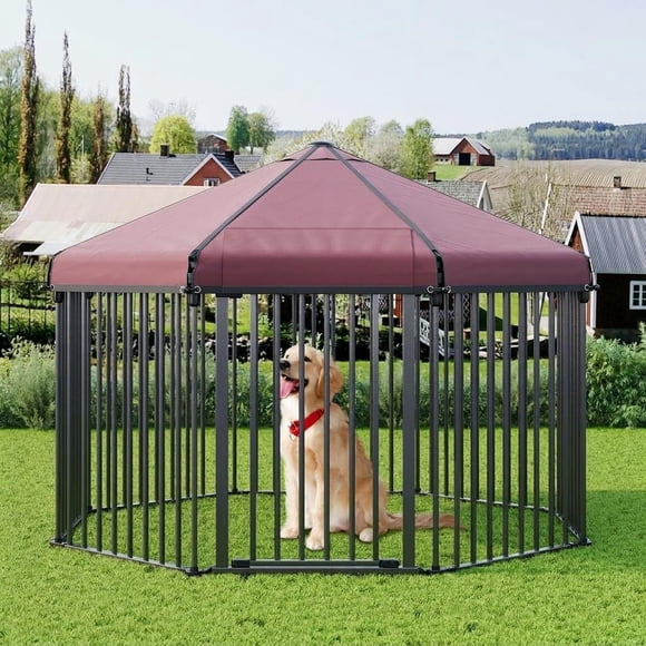 Parque para Perros Extra Extenso 190"x30", Octagonal con Techo Metálico y Puerta con Cerradura, Jaula Exterior para Patio Jardín, Fácil Montaje