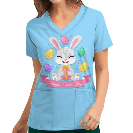 

qucoqpe Thanksgiving Scrubs Womens Tops Women s Fashion Easter Rabbit Print V-neck Short Sleeve Pocket Workwear Top Nurse Shirts Easter Scrubs
