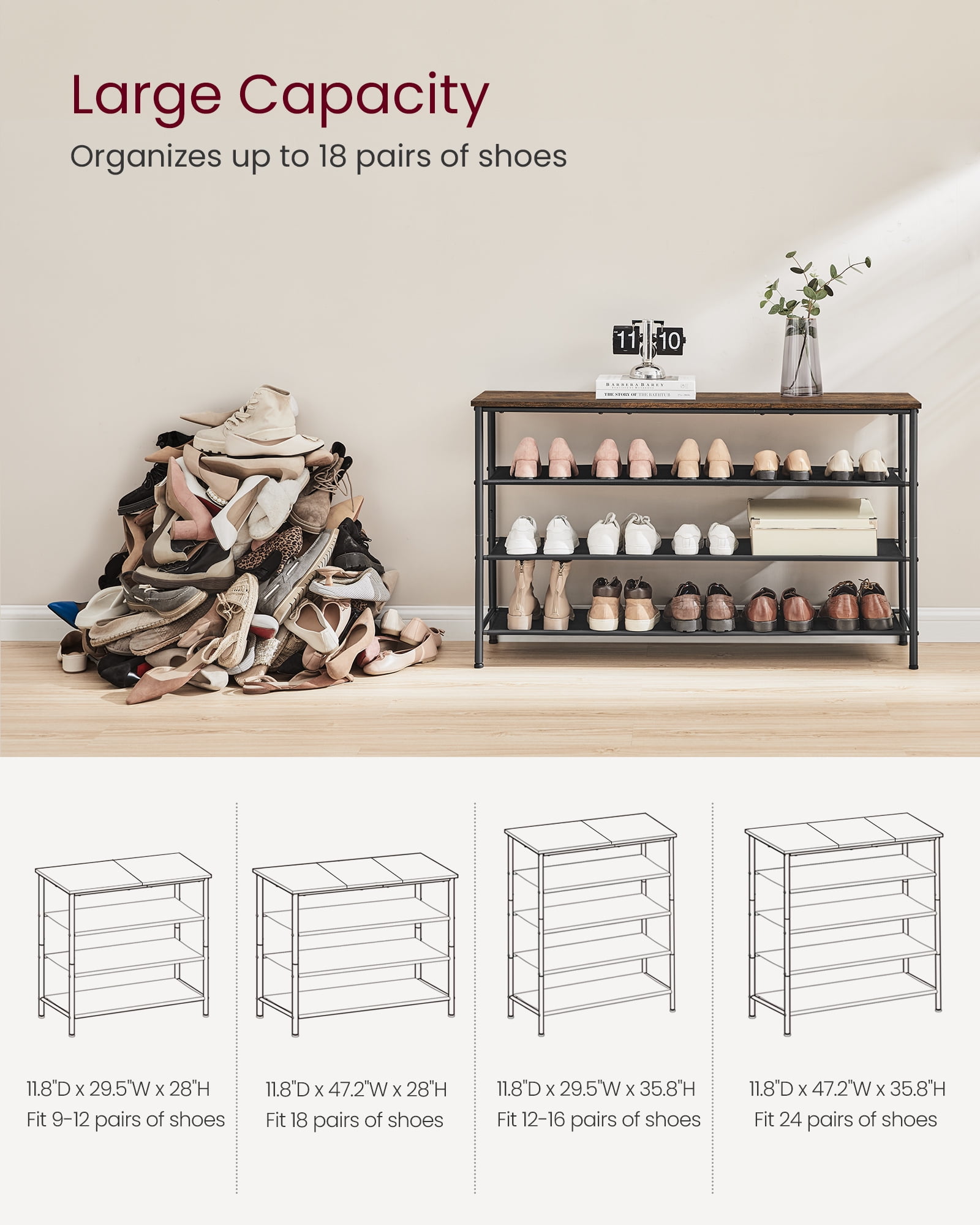 VASAGLE 4 Tier Shoe Rack for 15-18 Pairs,Shoe Organizer with Fabric Shelves and Wooden Top,  Rustic Brown/Black