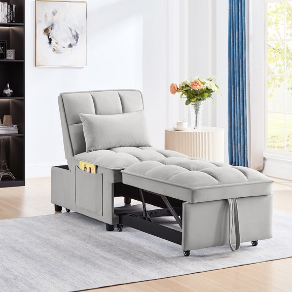 4 In1 Single Bed With Storage, Soft Fabric, Gray Modern Chaise Pillows, Comfortable Sleeping,