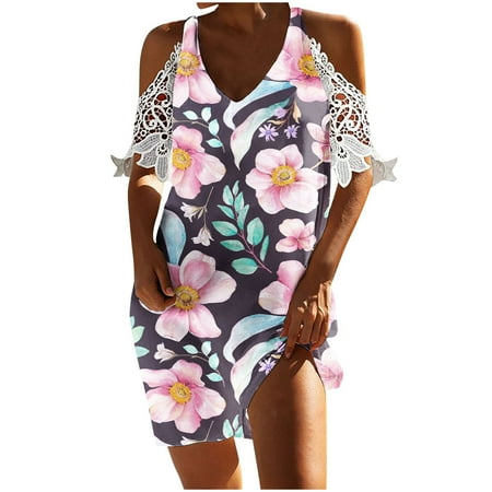 

Juebong Women Summer Casual Sexy Floral Print Off The Shoulder Lace Short Sleeve V-Neck Beach Dress