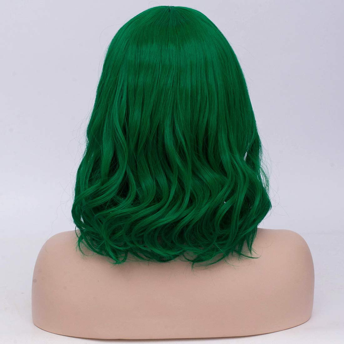 BERON Dark Green Short Wigs Curly Wavy Women Wig with Side Part Bangs Synthetic Hair Wigs