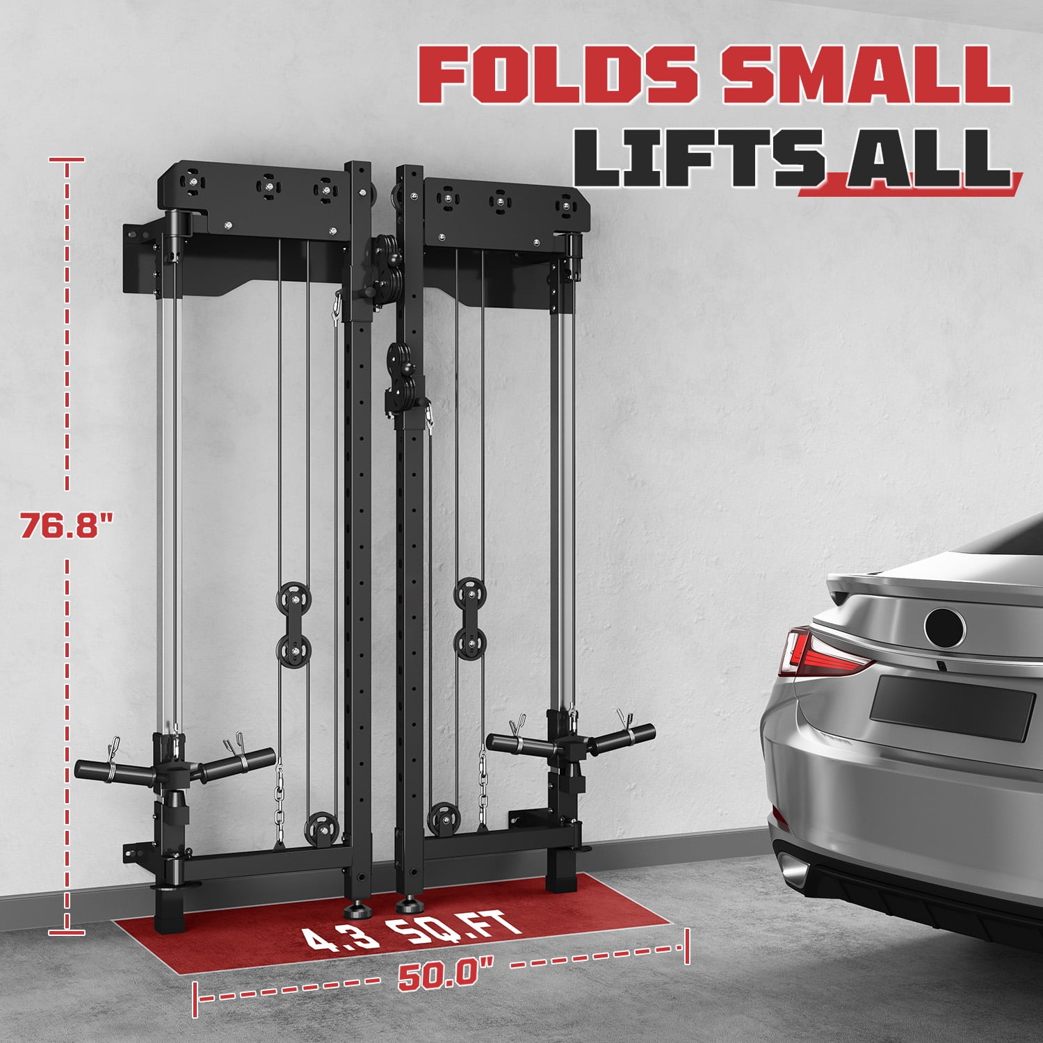 Wall Mounted Folding Squat Rack,1200 LBS Power Rack with Dual Independent Pulley System, 5 Adjustable Modes, Functional Trainer for Space Saving Home Gym with 1000 LB Weight Bench and Barbell ,Black