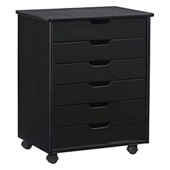 Black Six Drawer Wood Rolling Storage Cart in Black