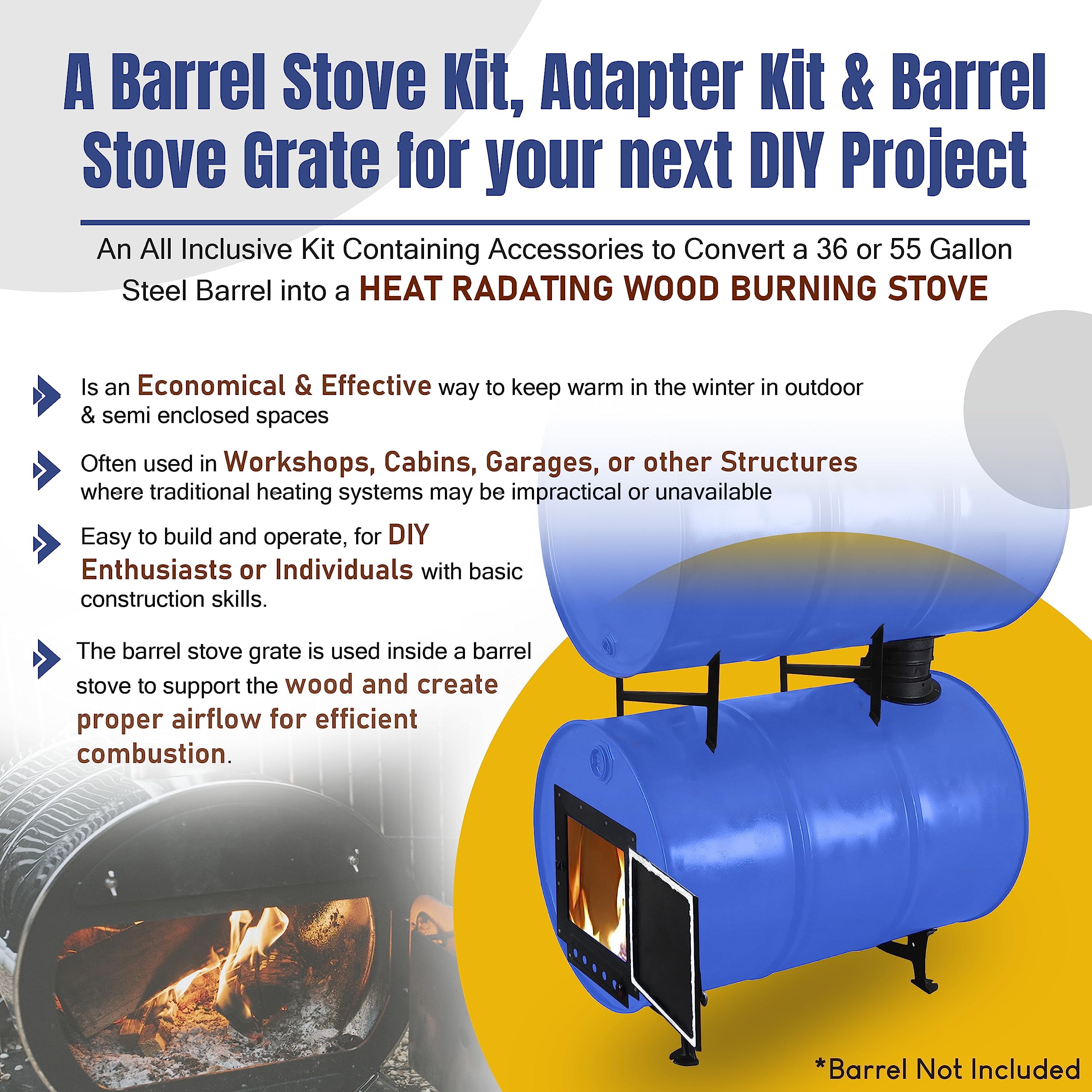 Complete Barrel Stove Kit For 30-55 Gallon Drums - Includes Adapter, Grate & Damper For DIY Wood Burning Stove