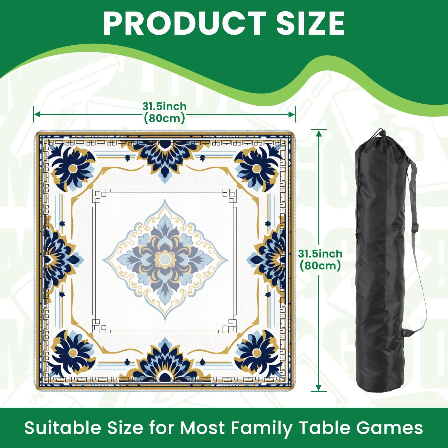 Mahjong Mat 31.5" x 31.5" Ornamental Floral Tile Blue Navy Gold Symmetrical Decorative Motifs Non-Slip Noise Reduction American Mahjong Tiles Table Cover for Dominoes Poker Card Board Games Gift