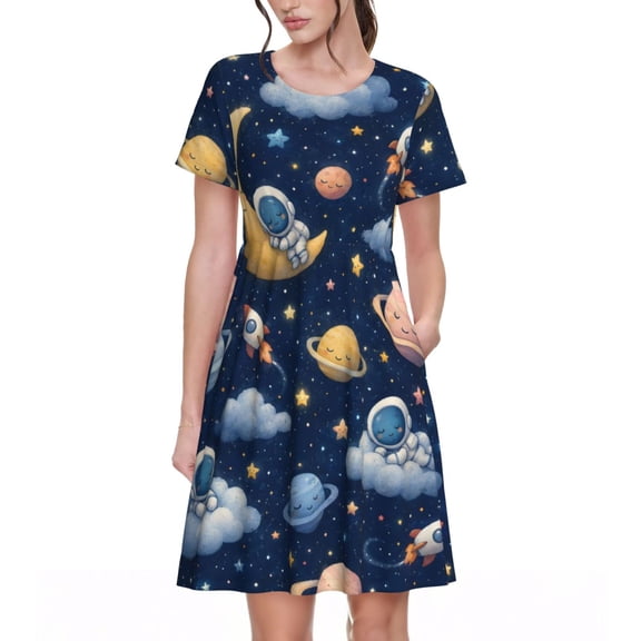 Space Cute Sleeping Dresses Short Sleeve Nightdresses for Women