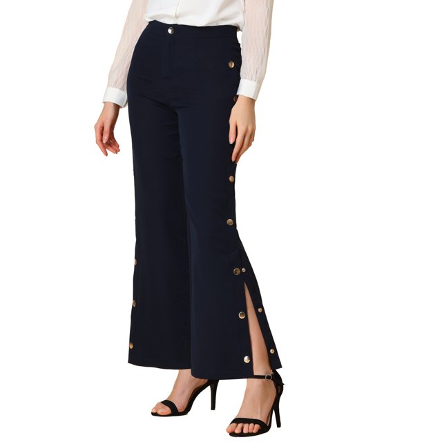 Allegra K Pantalones Largos Rectos De Trabajo Con Dobladillo Con Abertura Y Botones Para Mujer Azul marino oscuro L