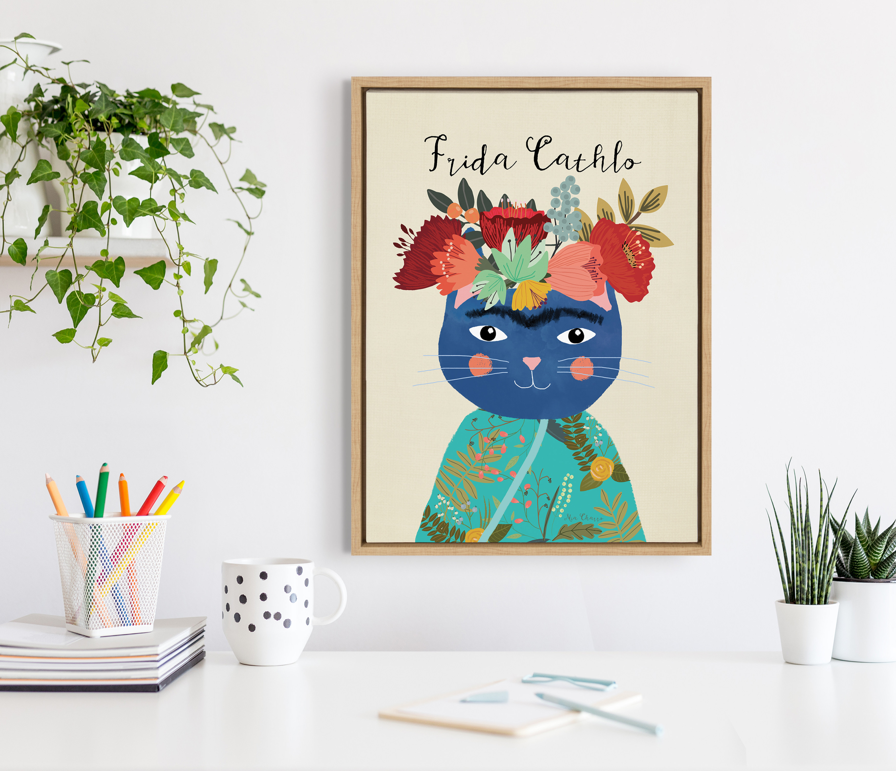 DesignOvation Sylvie Frida Cathlo Framed Canvas Wall Art By Mia Charro, 18x24  Natural, Colorful Baby Animal Home Decor