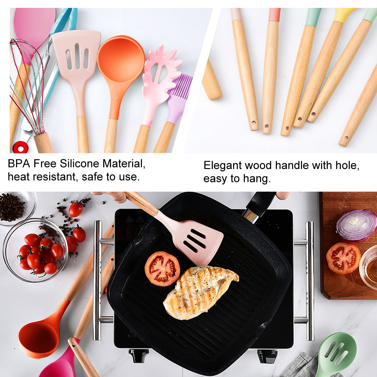 Keidason Kitchen Cooking Utensils Set, 13 Piece Wooden Handle Silicone Cookware Set with stand,nonstick Heat Resistant Silico