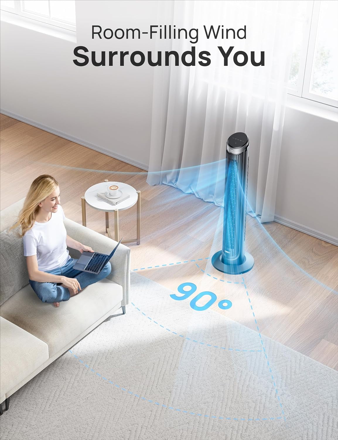 DREO Tower Fans for Bedroom, 90° Oscillating Fans for Indoors, 4 Modes ,5 Speeds ,Max 26Ft/s, 12H Timer, LED Display with Touch, Remote Control, 40" Quiet Bladeless Standing Floor Fan for Home Office