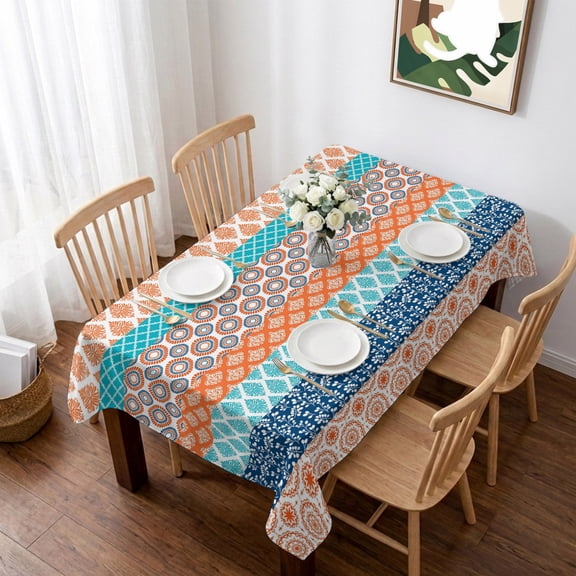 Teal Orange Striped Table Cloth Waterproof Tablecloths, Boho Modern Geometric Abstract Art Tablecloth Dining Table Cover for Kitchen Party Tabletop Outdoor, Rectangle Tablecloth 60x84 Inch