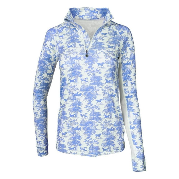 Dapplebay Equestrian Toile 1/4 Zip Light Riding Top - Long Sleeve-Blue/White