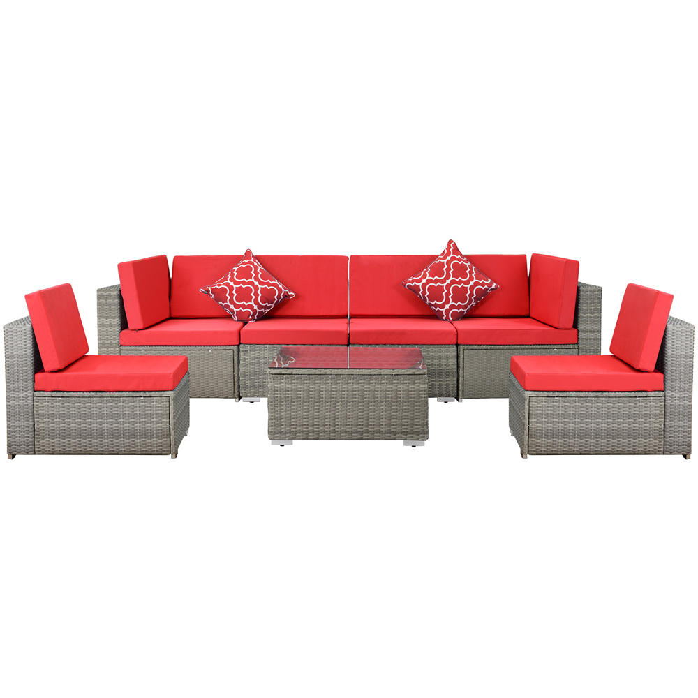 Patio Furniture Sofa Set, 7 Piece Outdoor Conversation Sets with 6 Rattan Wicker Chairs, Glass Coffee Table, All-Weather Patio Sectional Sofa Set with Red Cushions for Backyard, Garden, LLL1535 - image 2 of 8