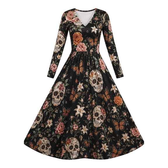2026 Halloween Women Vintage Flared Dress, V Neck Long Sleeve Gothic Floral Print A Line Dress for Holiday Gathering