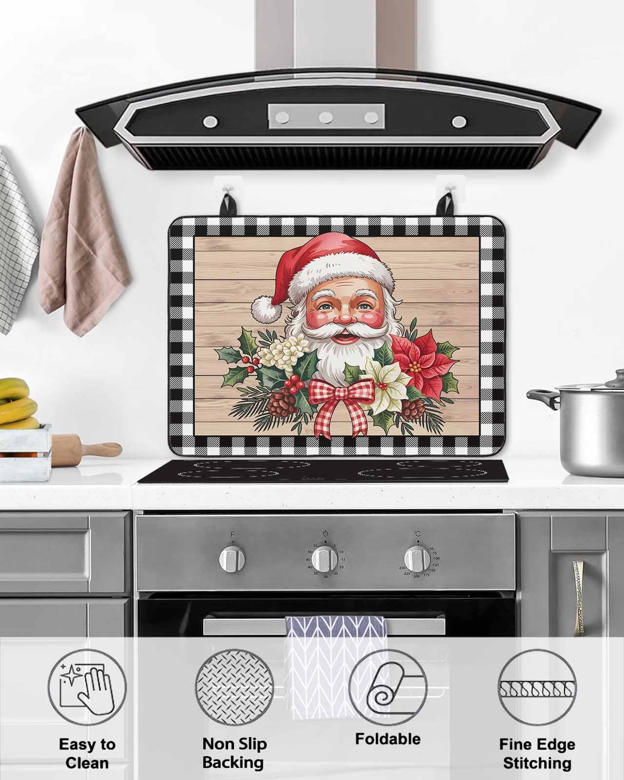 Large Induction Cooktop Protector Mat Christmas Stove Top Covers for Electric Stove, Winter Santa Claus Poinsettia Wooden Plaid Decorative Stove Burner Cover Mats, Glass Top Stove Cover