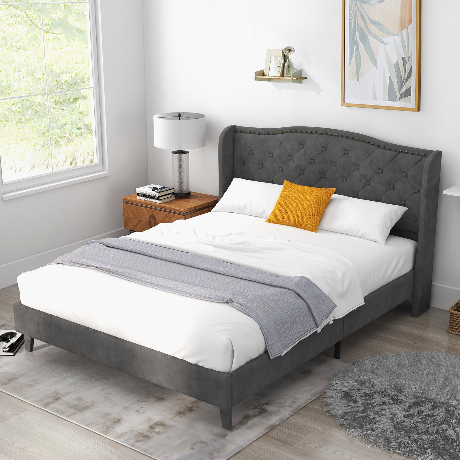 Infans Queen Upholstered Platform Bed Frame W/ Button Tufted Headboard Noise-free