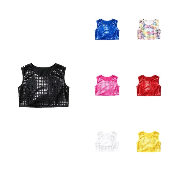 QHFBli Kids Sequin Dot Crop Tank Tops, Shiny Round Neck Sleeveless Vests, Sparkly Stage & Dance Performance Outfits for Girls Black 15-18 Years
