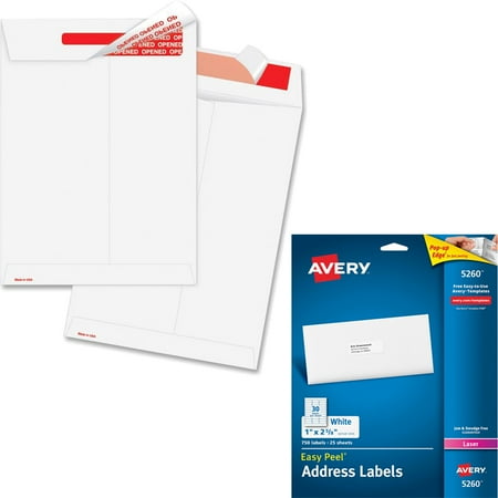 Quality Park Tyvek Tamper Indicating Envelopes and Avery 5260 Easy Peel White Address Labels for Laser Printers, 1" x 2-5/8", 750 Labels/Pack Bundle
