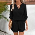 thumbnail image 2 of vigerkar Women's Cotton Linen Set Casual Tracksuit Button Up Long Sleeve Shirt Drawstring Shorts Beach 2 Piece Summer Outfits Black, L, 2 of 7