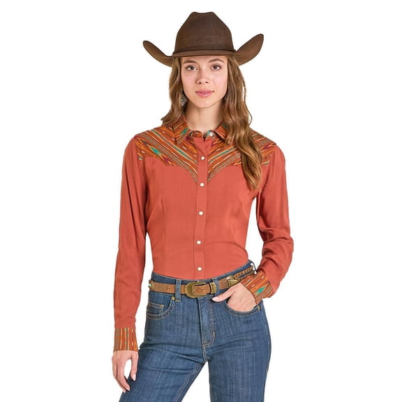 Panhandle Womens   Retro Challis Snap Shirt L Rust