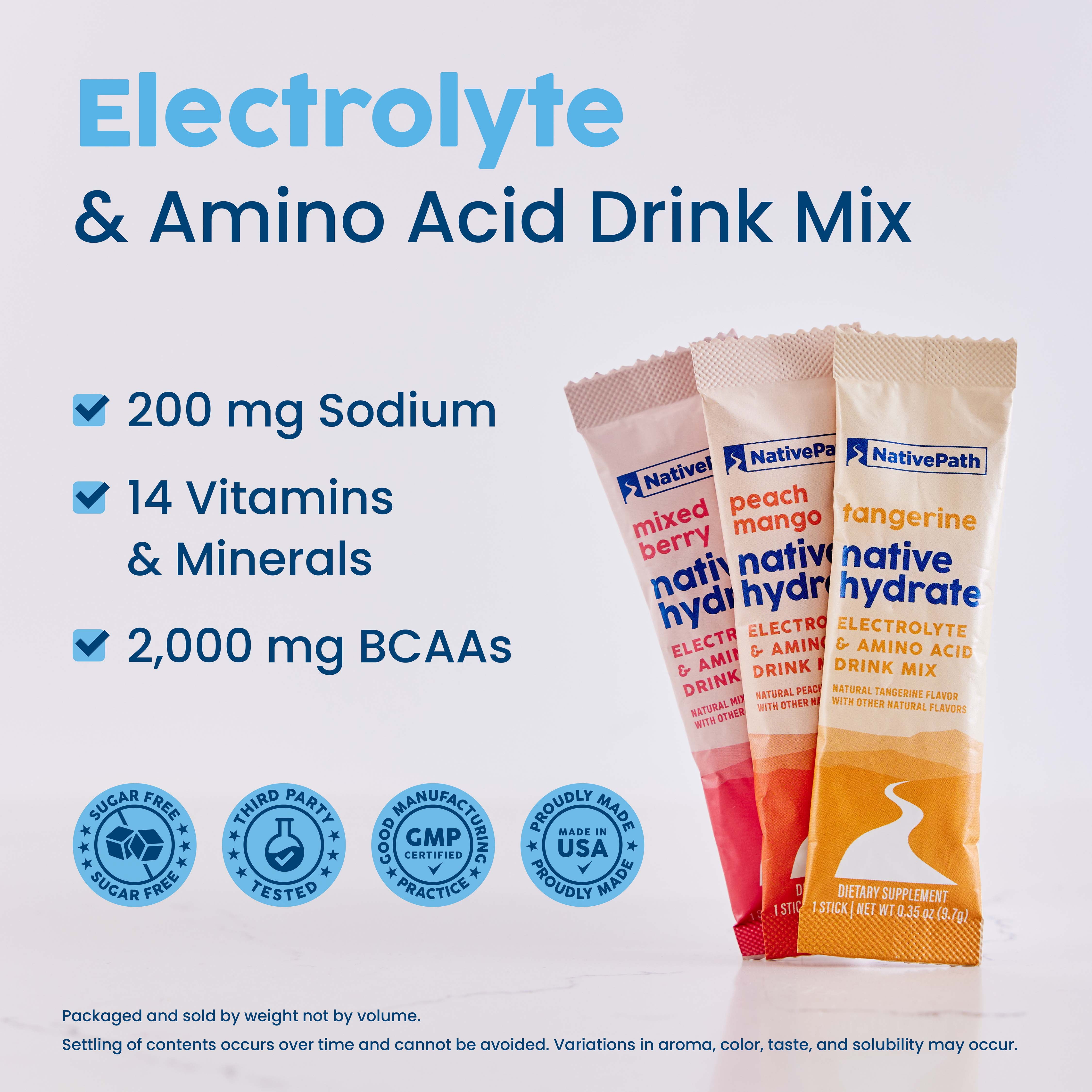 NativePath Hydrate Electrolyte Stick Packs Variety Pack, Zero Sugar with BCAAs, 30 Count