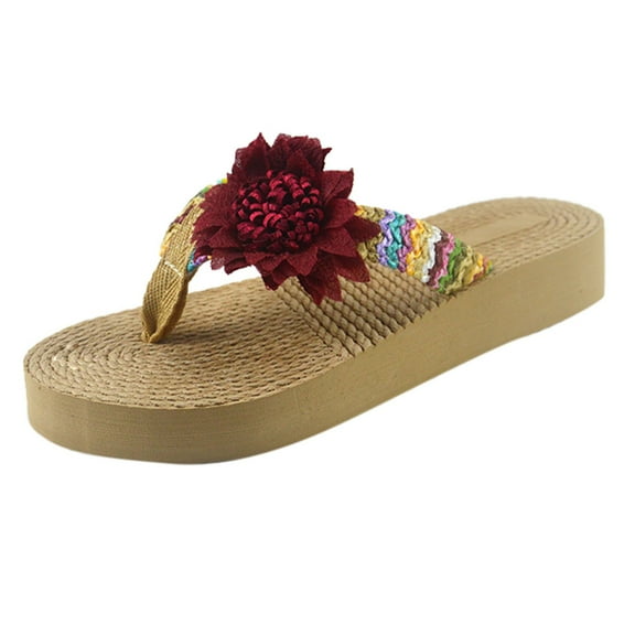 Anuirheih Slip on Sandals Women,Women Weave Beach Breathable Sandals Home Slipper Flowers Flip-Flops Flat Shoes(Wine)
