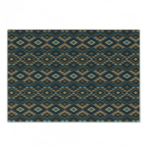Ethnic Cutting Board, Knitted Jacquard Illustration Texture Image Geometric Style, Decorative Tempered Glass Cutting and Serving Board, Small Size, Brown and Dark Blue, by Ambesonne