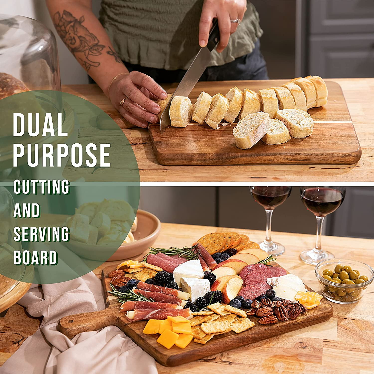 Acacia Wood Cutting Board and Chopping with Handle for Meat, Cheese Board, Vegetables, Bread, Charcuterie - Decorative Wooden Serving Kitchen Dining Room, Large 17" x 13"