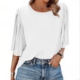 thumbnail image 2 of TaTaai 2026 Spring Summer Solid Color Chiffon Top for Women Round Neck Back Button Pleated Flared Sleeve Five-Quarter Sleeve Casual Blouse Soft Comfy Vacation Gift, 2 of 9