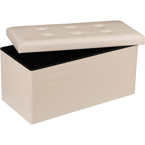 Folding Storage Ottoman Bench, 30 Inches Footrest Storage Bin with Padded Seat, Entryway Shoe Bench for Living Room Bedroom, 30"x15"x15", Faux Leather, Beige